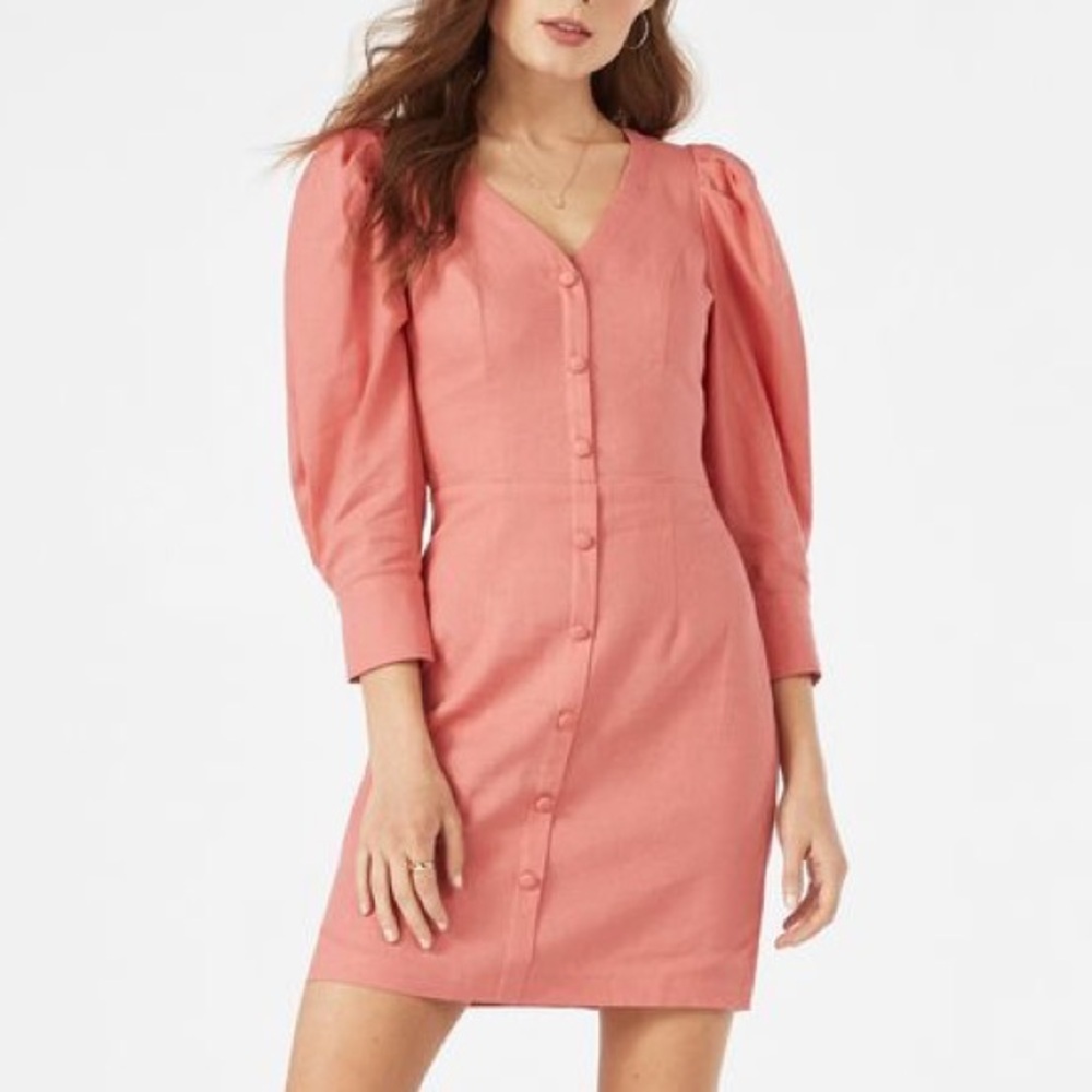 JustFab Linen Blend Puffed Longsleeve Mock Buttondown VNeck Faded Rose Dress XL